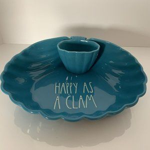 NIB RAE DUNN HAPPY AS A CLAM TWO TIERED PLATTER CHIP DIP IN TEAL BLUE